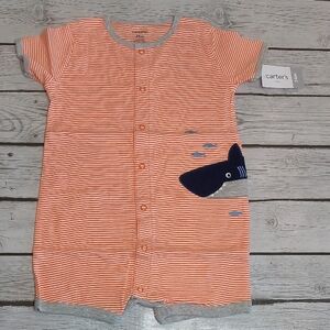 Carter's Orange and Gray Striped Romper with Shark Accent
